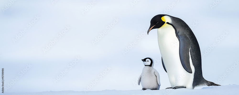 Naklejka premium A majestic emperor penguin with its baby chick, standing on the snow-covered ground of Antarctica.