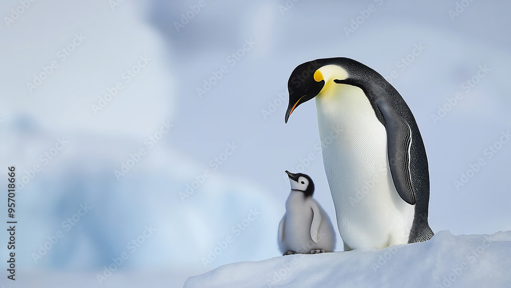 Obraz premium A majestic emperor penguin with its baby chick, standing on the snow-covered ground of Antarctica.