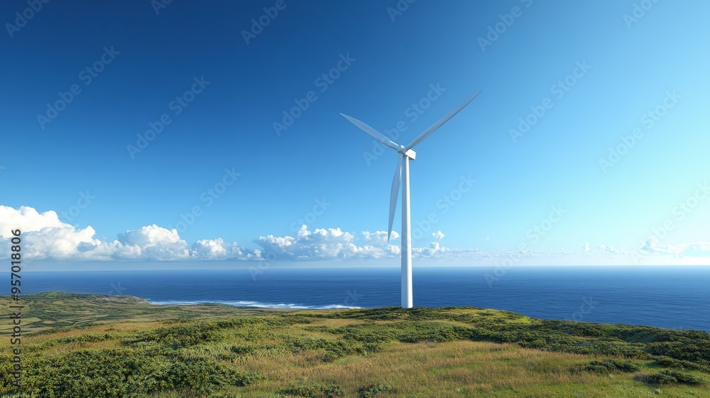Renewable Energy: Wind Turbine by the Ocean on a Clear Day Renewable Energy: Wind Turbine by the Ocean on a Clear Day