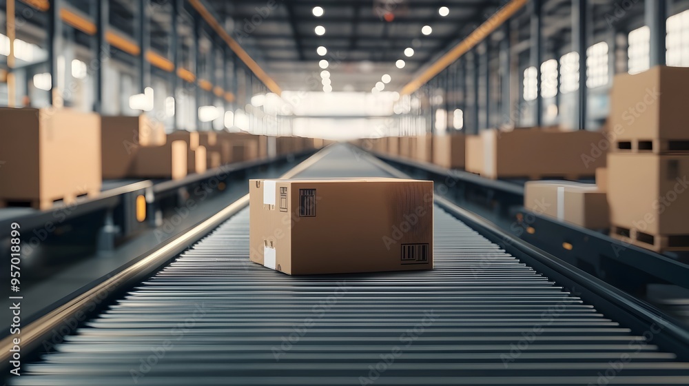 Conveyor Belt in Distribution Warehouse with Cardboard Boxes for E Commerce Delivery and Automated Logistics Conveyor Belt in Distribution Warehouse with Cardboard Boxes for E Commerce Delivery and Automated Logistics