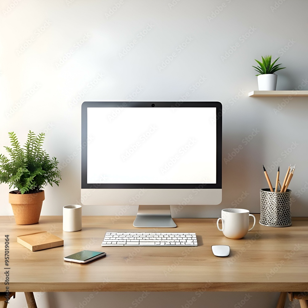 Clean and modern desktop mockup featuring a blank screen computer. wireless keyboard. mouse. smartphone. and coffee mug. Clean and modern desktop mockup featuring a blank screen computer. wireless keyboard. mouse. smartphone. and coffee mug.