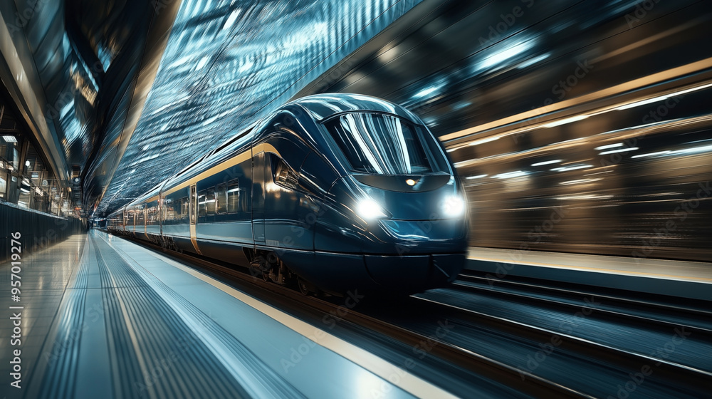 A modern high-speed train arriving at an urban railway station at night. The image captures movement, sleek design, and the futuristic atmosphere of the station. A modern high-speed train arriving at an urban railway station at night. The image captures movement, sleek design, and the futuristic atmosphere of the station.