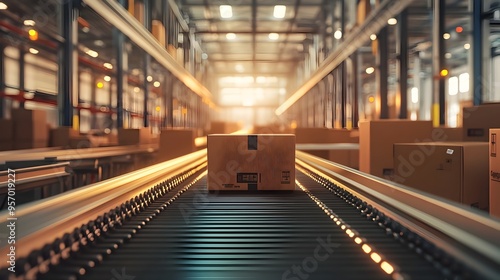 Conveyor Belt in Distribution Warehouse with Cardboard Boxes for E commerce Delivery and Logistics