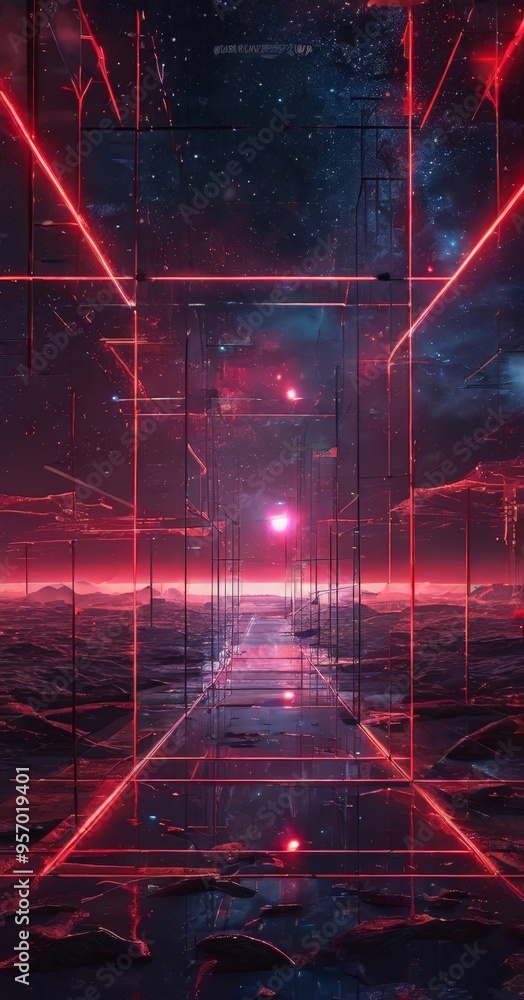 Fototapeta premium futuristic city with neon lights and red light