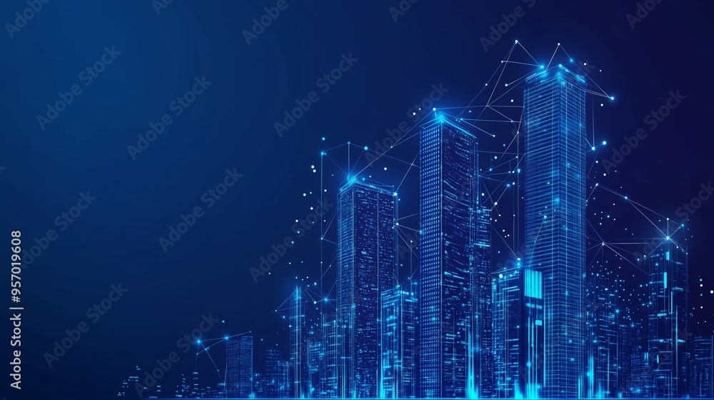 A futuristic city skyline illuminated by blue lights, showcasing digital connectivity and advanced architecture at night A futuristic city skyline illuminated by blue lights, showcasing digital connectivity and advanced architecture at night