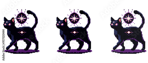 A pixel art depiction of a mystical black cat with glowing purple symbols hovering around its body, casting an enchanting aura on a white background.