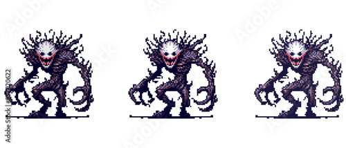 A menacing pixel art creature with a white, grinning face, surrounded by dark, spiky protrusions stands ready.