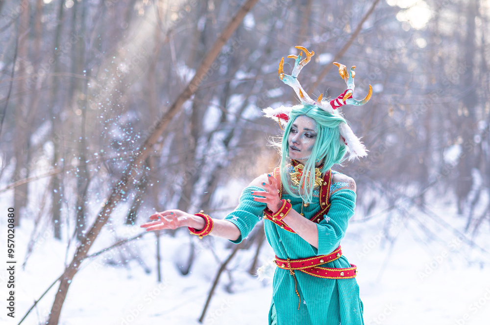 Christmas deer girl looking for gifts for Santa in winter in the forest Christmas deer girl looking for gifts for Santa in winter in the forest