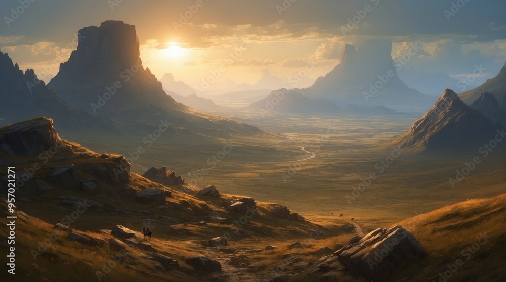 Fototapeta premium Cartoon illustration of steppes and mountains