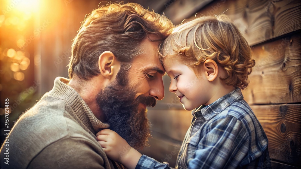Tender moment between a gentle bearded man and an innocent young boy, surrounded by soft light, rustic wood, and serene atmosphere, evoking warmth and comfort. Tender moment between a gentle bearded man and an innocent young boy, surrounded by soft light, rustic wood, and serene atmosphere, evoking warmth and comfort.