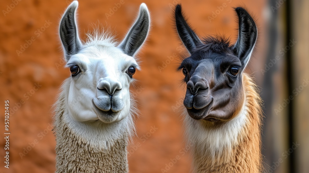 Obraz premium Two funny llamas outdoors