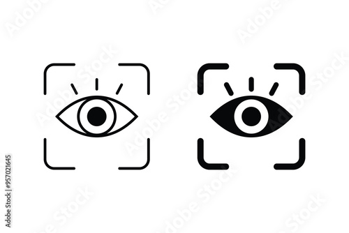 Iris Recognition for Biometric Identification Sign. Eye Scan ID Line and Silhouette Black Icon Set. Retina Scanner icon. Vision Scanning Technology for Security Access icon.