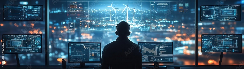 Create a breathtaking scene of a tech-savvy Engineer overseeing a wind farm from a birds-eye view Show advanced AR overlays on large screens in a sleek Create a breathtaking scene of a tech-savvy Engineer overseeing a wind farm from a birds-eye view Show advanced AR overlays on large screens in a sleek