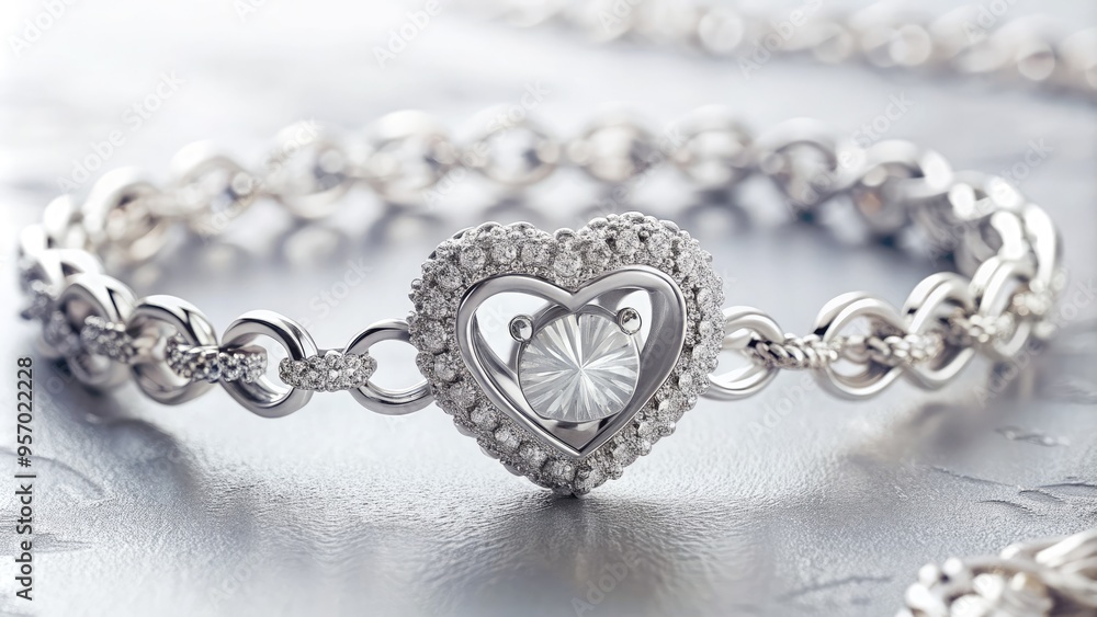 Delicate silver heart-shaped bracelet adorned with tiny diamonds and intricate details, lying on a soft white background, symbolizing love and elegance in a beautiful still life. Delicate silver heart-shaped bracelet adorned with tiny diamonds and intricate details, lying on a soft white background, symbolizing love and elegance in a beautiful still life.