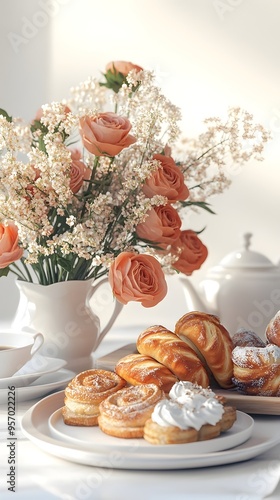 Wallpaper Mural Elegant Floral Bouquet and Artisanal Breakfast Pastries on Minimalist White Background Torontodigital.ca