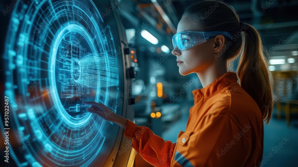 Design a captivating image of a Wind turbine engineer analyzing a holographic blueprint of a turbine blade in a futuristic laboratory bathed in neon blue and green hues Design a captivating image of a Wind turbine engineer analyzing a holographic blueprint of a turbine blade in a futuristic laboratory bathed in neon blue and green hues