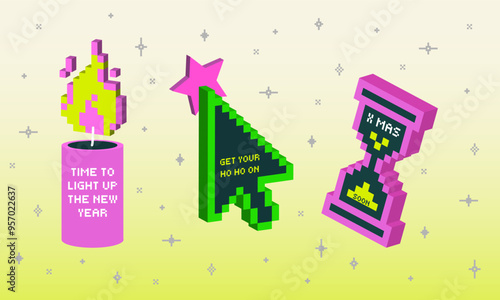 Voxel Y2k trendy playful colorful stickers for New Year's celebration. Retro 90th pixel style for Christmas SMM. Concept for marketing, web, cards, t-shirts. Ho-ho-ho cursor click. Geometric Brutalism