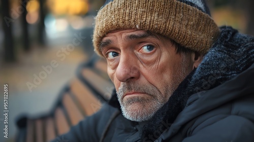 A weary man sitting alone on a park bench, eyes filled with sorrow, embodying the pain of loss and homelessness, close up, somber, realistic, Composite, empty park backdrop