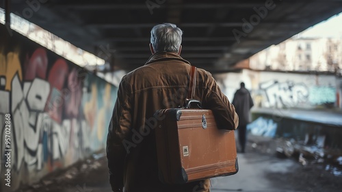 A man walks down an urban street carrying a briefcase.