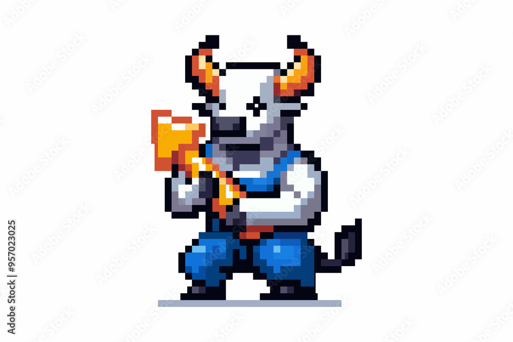 A pixelated bull with horns and a tail in a blue jumpsuit stands in a fighting stance, holding a golden arrow in his hands. Graph up. A pixelated bull with horns and a tail in a blue jumpsuit stands in a fighting stance, holding a golden arrow in his hands. Graph up.