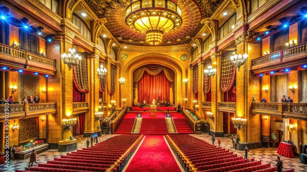 Obraz premium The iconic Academy Awards ceremony venue, a grand historic theater with ornate details, red carpet, and gleaming golden accents, awaiting Hollywood's biggest stars.