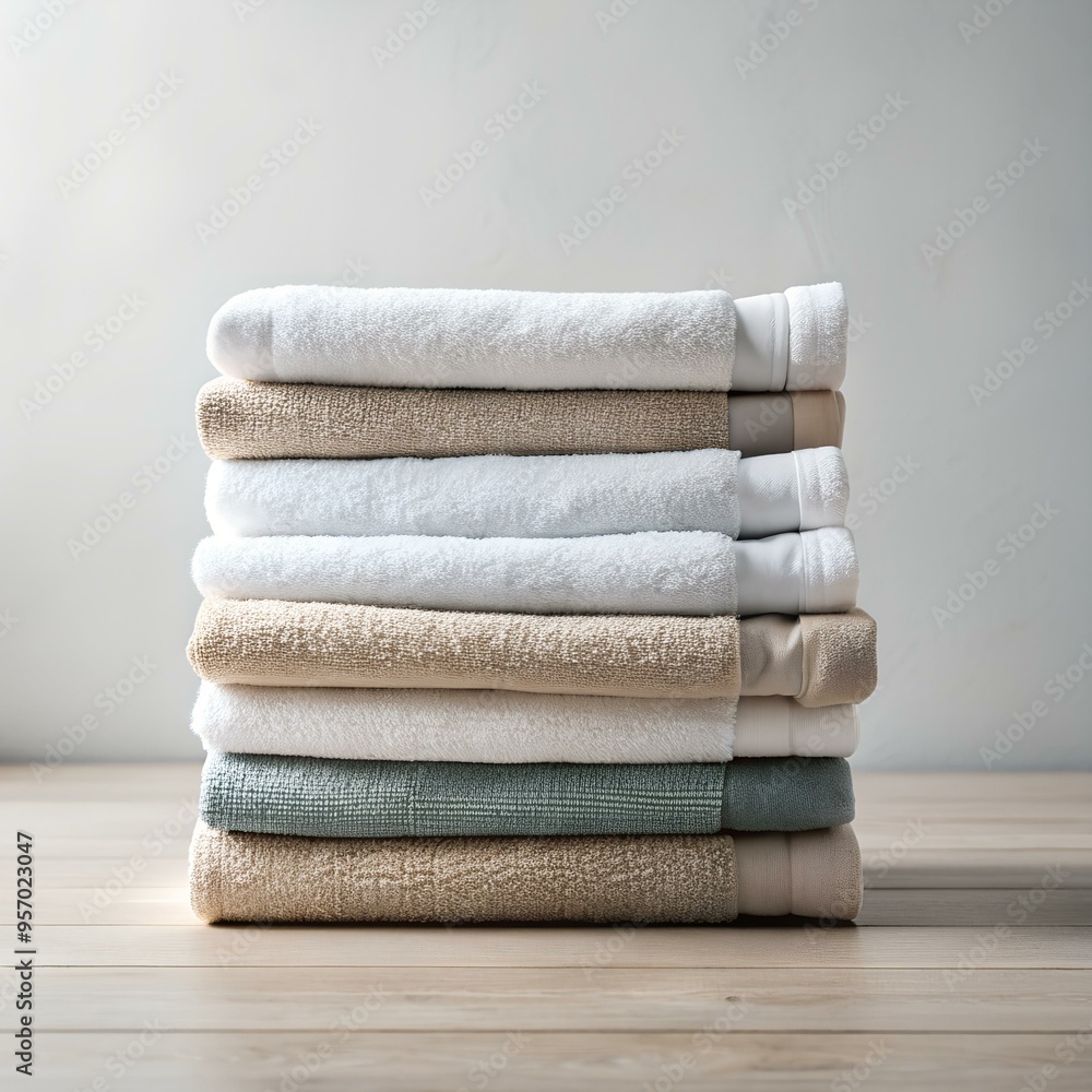 A stack of soft. fluffy towels in various shades of white and beige. neatly arranged on a light wood surface. A stack of soft. fluffy towels in various shades of white and beige. neatly arranged on a light wood surface.