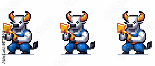 A pixelated bull with horns and a tail in a blue jumpsuit stands in a fighting stance, holding a golden arrow in his hands. Graph up.