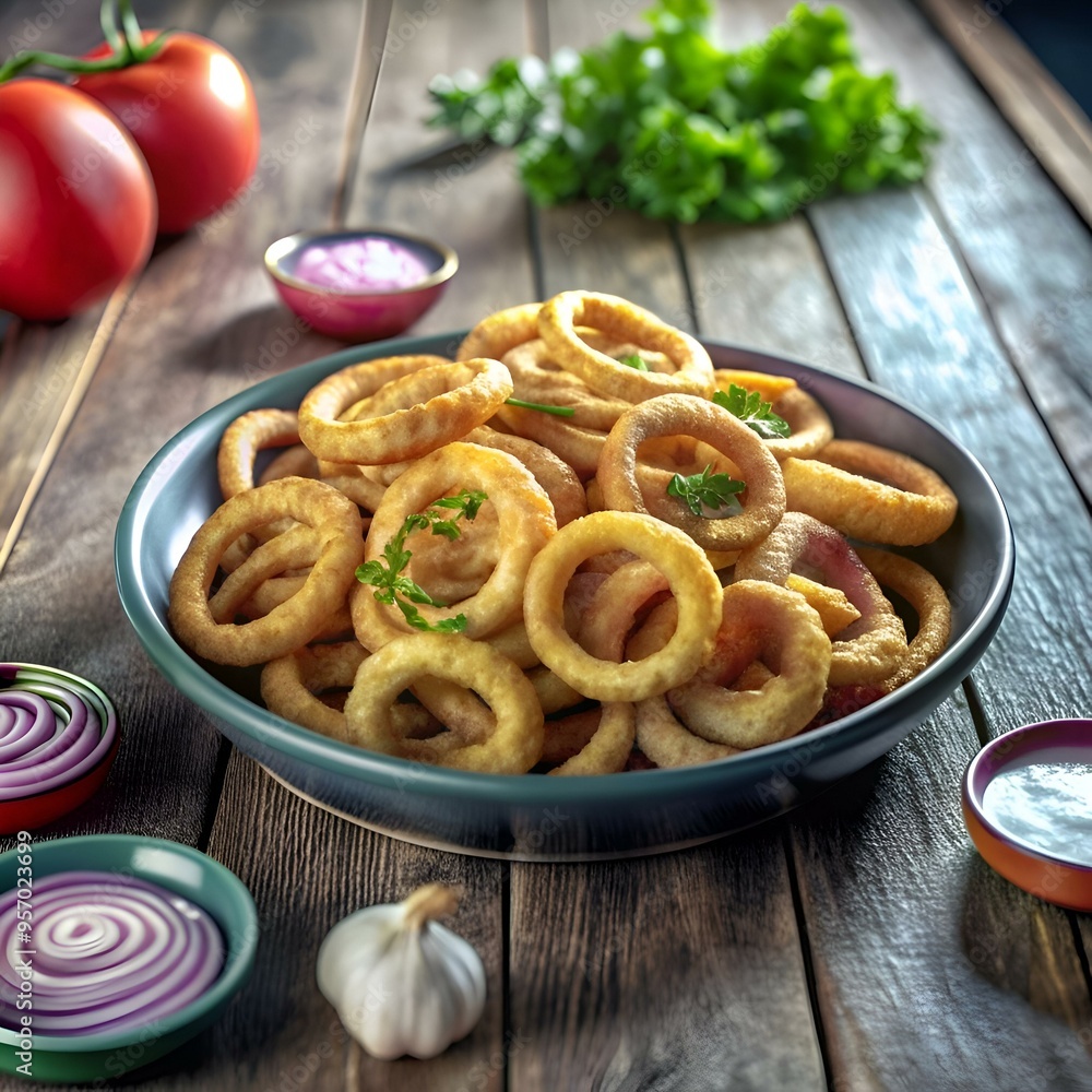A close up shot of golden brown onion rings in a bowl. ready to be enjoyed. A close up shot of golden brown onion rings in a bowl. ready to be enjoyed.