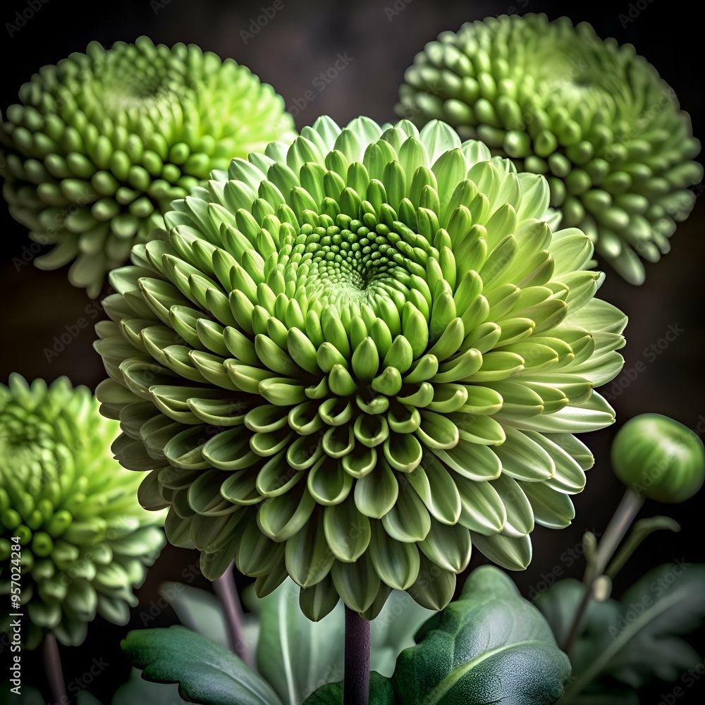 A stunning 3D illustration of a vibrant green chrysanthemum flower. showcasing its intricate details and captivating texture.