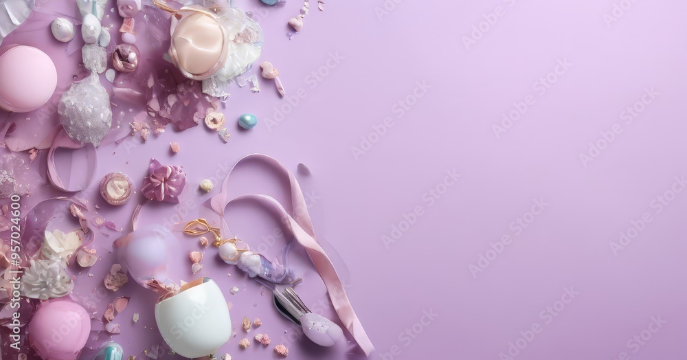 easter eggs and ribbons on purple background easter eggs and ribbons on purple background