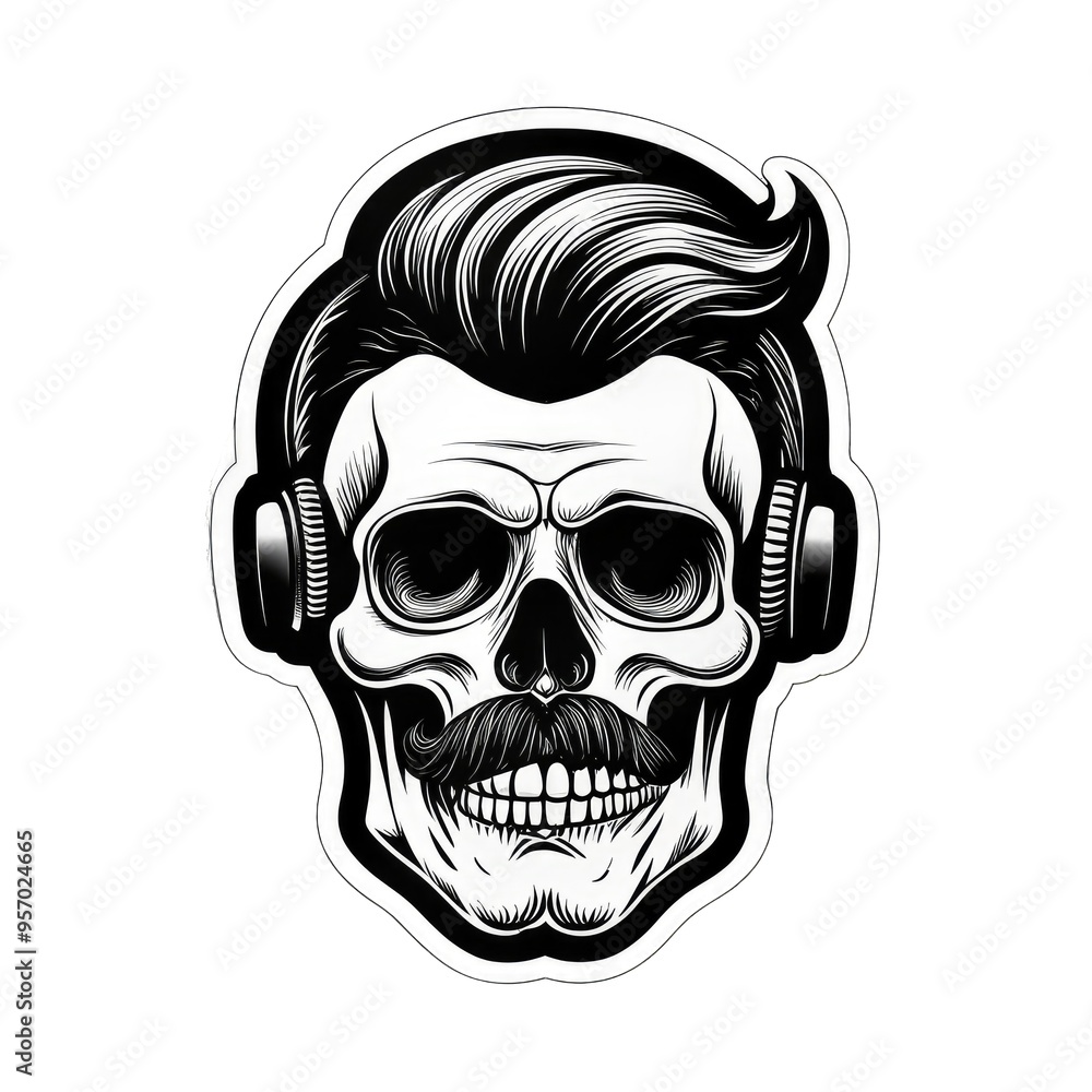 Fototapeta premium A strikingly detailed pop art sticker of a DJ skull adorned with a handlebar mustache and a stylish posh undercut haircut against a solid black background. Intricate Pop Art Sticker of DJ Skull with