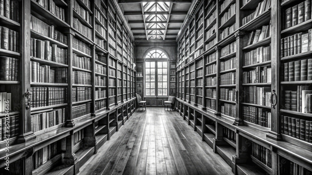 Timeless black and white photograph of a serene library interior with rows of vintage books on wooden shelves, exuding a sense of knowledge and tranquility. Timeless black and white photograph of a serene library interior with rows of vintage books on wooden shelves, exuding a sense of knowledge and tranquility.