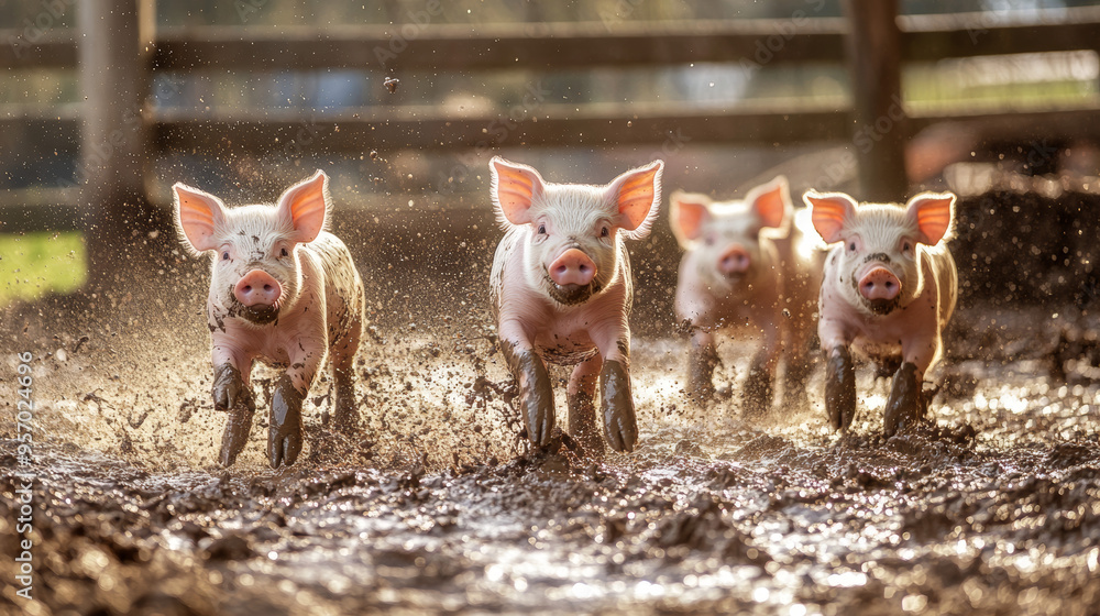 Adorable Piglets Running Through Mud on a Farm Adorable Piglets Running Through Mud on a Farm