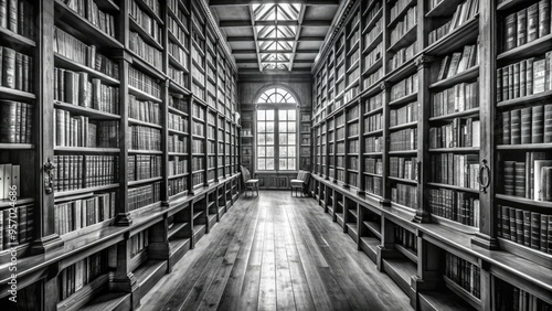 Wallpaper Mural Timeless black and white photograph of a serene library interior with rows of vintage books on wooden shelves, exuding a sense of knowledge and tranquility. Torontodigital.ca