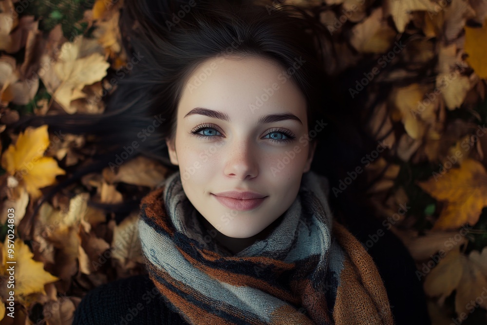 Young Caucasian Asian mixed racial girl lying over leaves in a fall forest. Autumn concept. Young Caucasian Asian mixed racial girl lying over leaves in a fall forest. Autumn concept.
