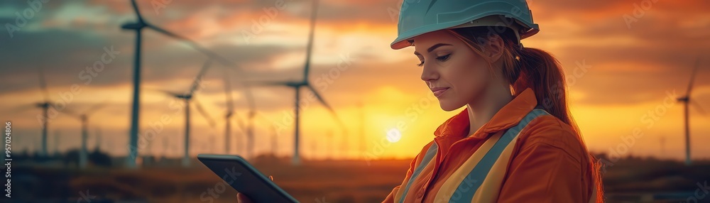 Illustrate a scene of a female engineer on a tablet with AI diagnostics in a wind farm Highlight the environment with wind turbines in the background during sunset Illustrate a scene of a female engineer on a tablet with AI diagnostics in a wind farm Highlight the environment with wind turbines in the background during sunset