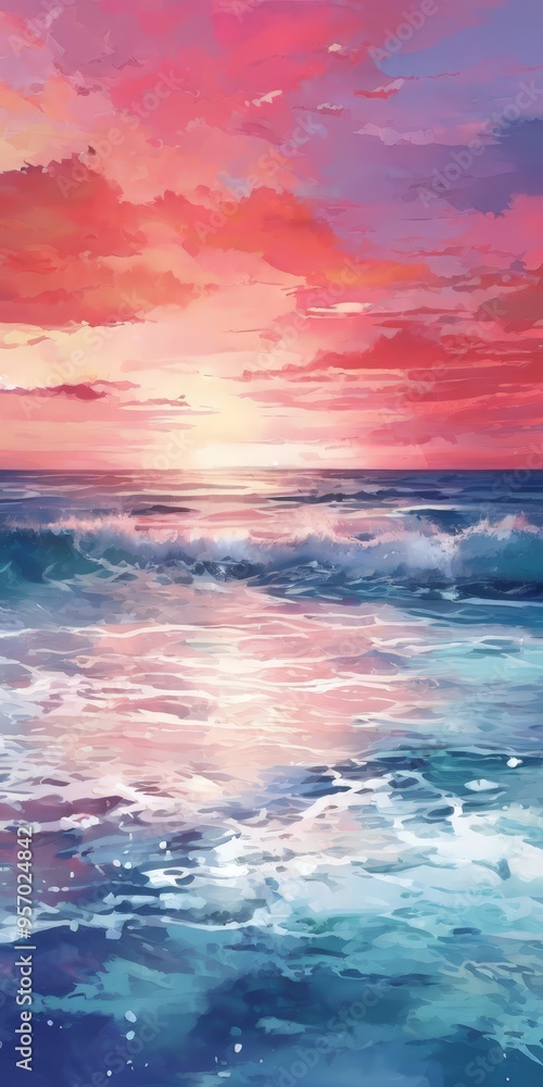 Naklejka premium sunset over the ocean with waves and clouds