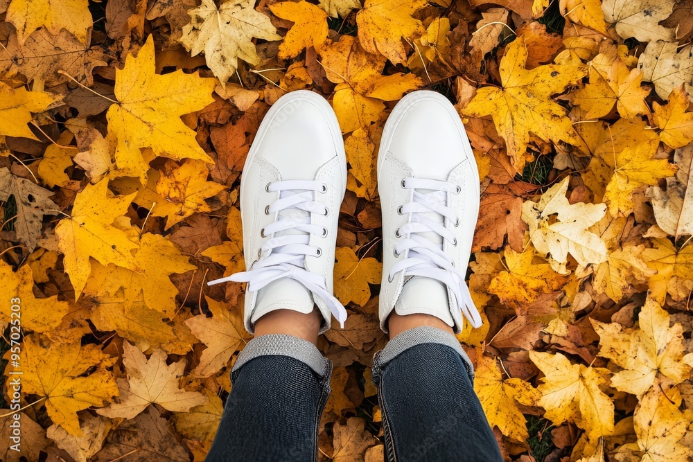 Taking a close-up of a female's feet in autumn leaves with space for copying Taking a close-up of a female's feet in autumn leaves with space for copying