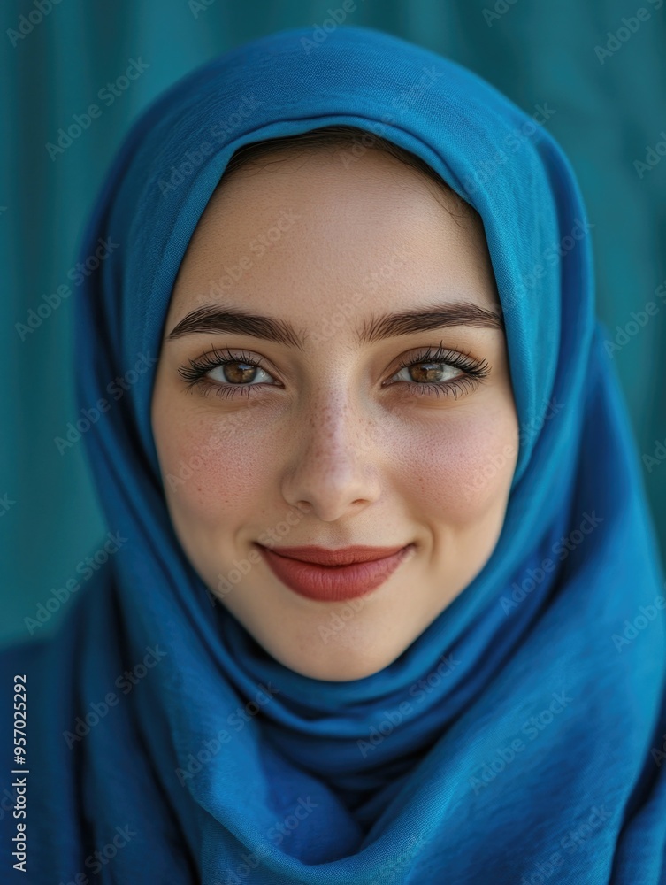 Woman with blue headscarf and scarf Woman with blue headscarf and scarf
