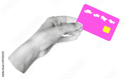 Halftone hand holding credit or debit card collage trendy cut out sticker. Online shopping, payment. Concept of buy online. Modern retro y2k vector illustration isolated on transparent background