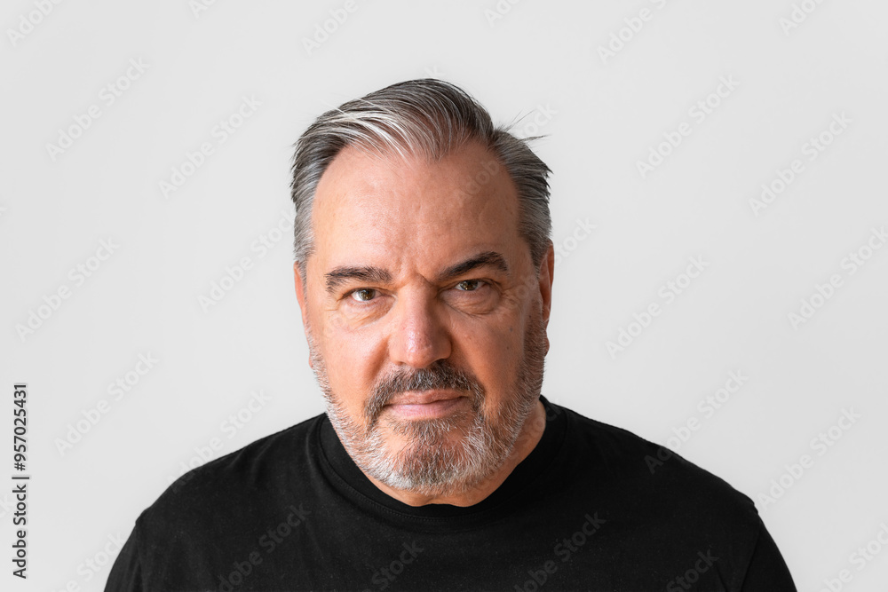 Portrait eines älteren Erwachsenen Mannes mit Vollbart und grauen Haaren und schwarzem T-Shirt Portrait eines älteren Erwachsenen Mannes mit Vollbart und grauen Haaren und schwarzem T-Shirt