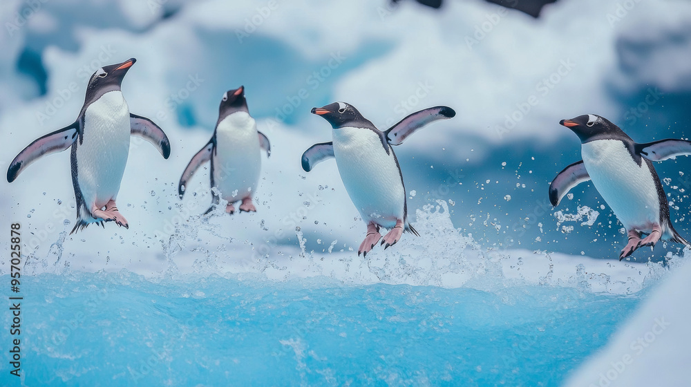 Obraz premium Penguins Jumping in the Antarctic Ocean