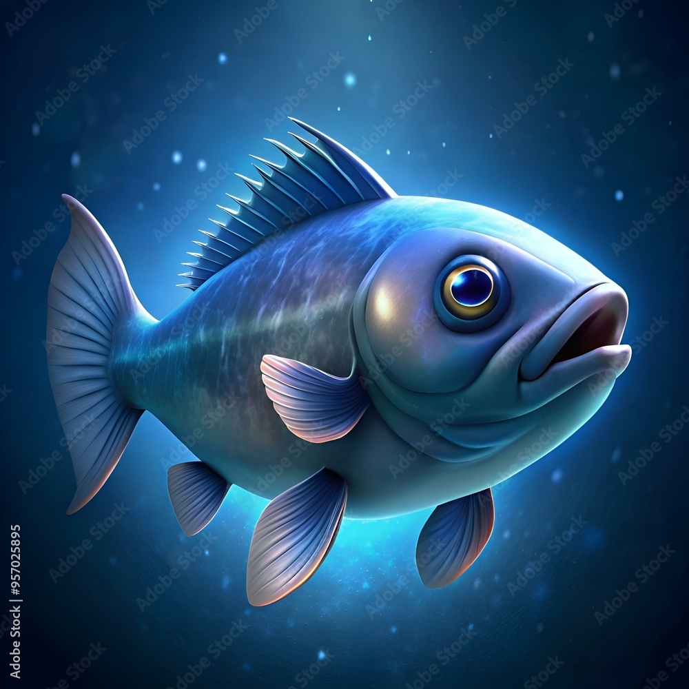 A cute and friendly cartoon fish with big eyes and a toothy grin. swimming through a sparkling blue ocean. A cute and friendly cartoon fish with big eyes and a toothy grin. swimming through a sparkling blue ocean.