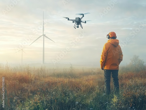 In a futuristic wind farm, a wind turbine engineer utilizes AI-driven drones for inspection in the morning light, transmitting real-time data ultra-realistic, digital CG,