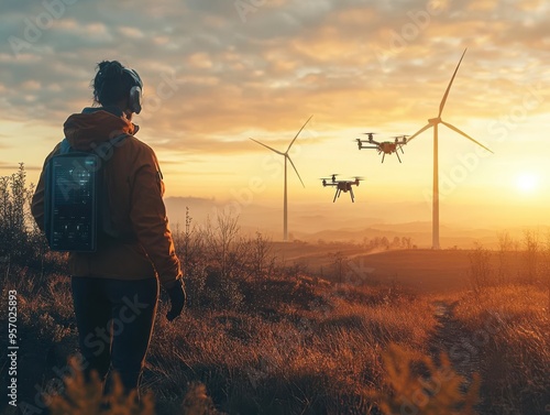 In a futuristic wind farm, a wind turbine engineer utilizes AI-driven drones for inspection in the morning light, transmitting real-time data ultra-realistic, digital CG,