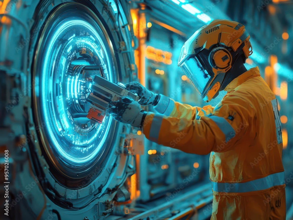 In a neon blue futuristic industrial setting, a wind turbine engineer operates a robotic arm to assemble turbine parts The shot is a long shot, sharp focus, hyper-detailed In a neon blue futuristic industrial setting, a wind turbine engineer operates a robotic arm to assemble turbine parts The shot is a long shot, sharp focus, hyper-detailed
