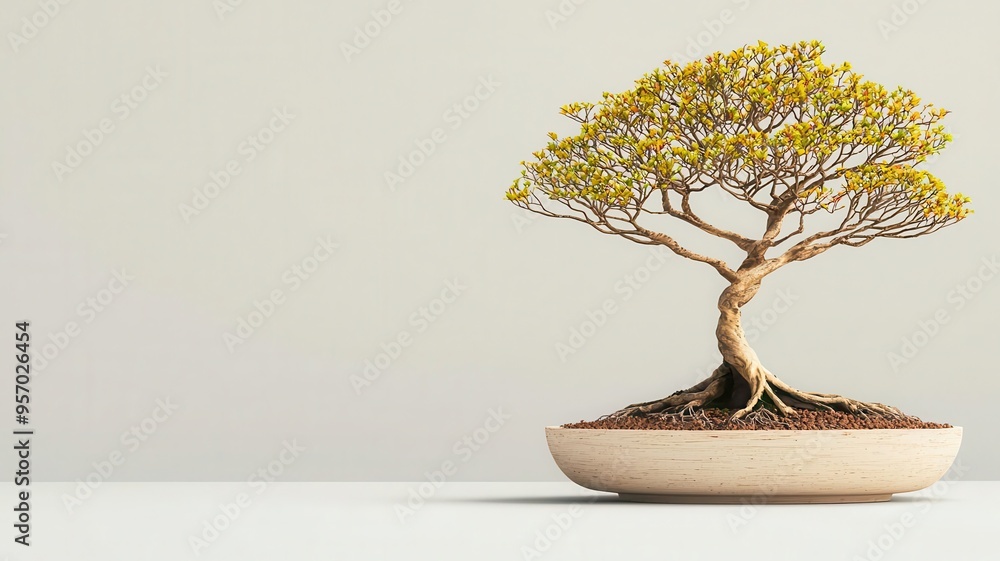 Cultivating bonsai in a small dish, intricate root system, 3D illustration Cultivating bonsai in a small dish, intricate root system, 3D illustration