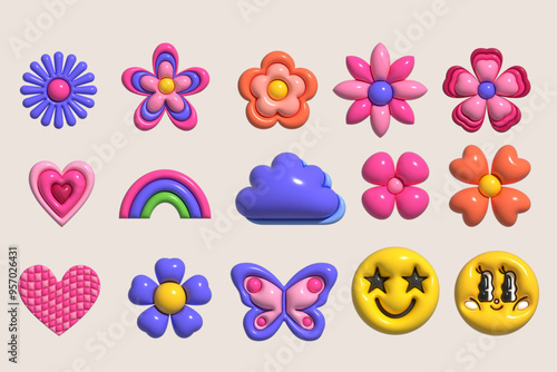 Colorful y2k pop retro style 3d inflated icons. Glossy inflated y2k decoration icon