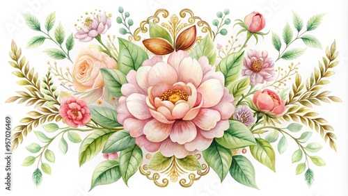 Delicate watercolor illustration of a blooming flower surrounded by ornate borders and subtle textures, perfectly suited for greeting cards, stationery, and floral designs.