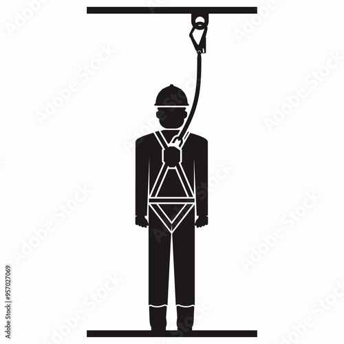 Safety harness anchorage black and white vector illustration. Attached the hook to the top of the head.
